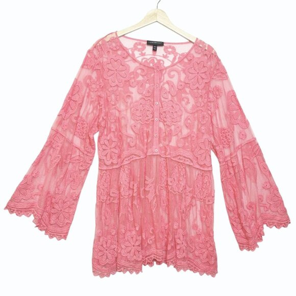 Lane Bryant Embroidered Sheer Mesh Babydoll Top Sz 18/20 Romantic Porcelain Rose - Picture 2 of 10